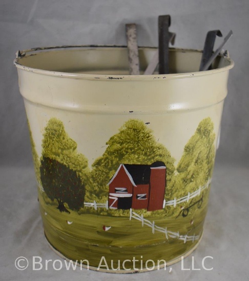 Decorated pail bucket w/5 assorted ladles and strainers