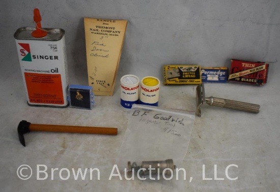 Assorted items incl: Singer Oil can, Gillette razor, (3) boxes razor blades, B.F. Goodrich injector