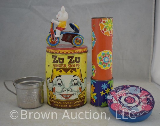 Old children's items incl. kaleidoscope, wind-up bear on motorcycle, tin cup, etc.