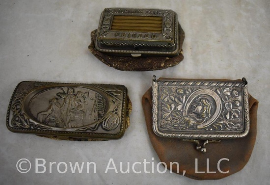 (3) Vintage leather and metal coin purses with belt buckle-style embossed clasps