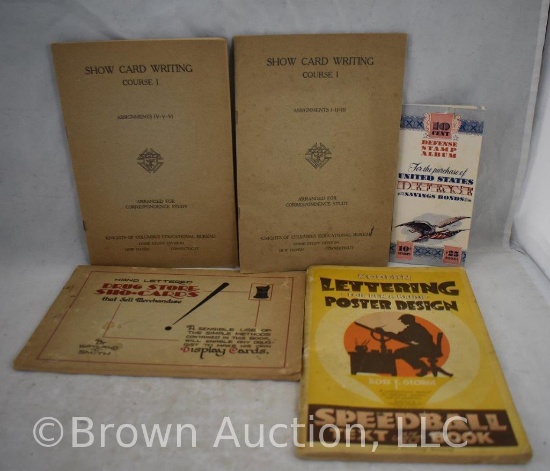 (5) Old phamphlets incl. Drug Store Sho-Cards, Show Card Writing course, Savings Bonds stamp album,