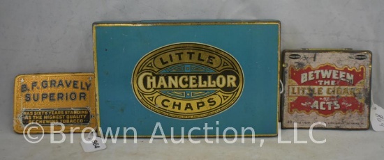 (3) Small tobacco tins - Between the Acts little cigars, B.F. Gravely Superior chewing tobacco,