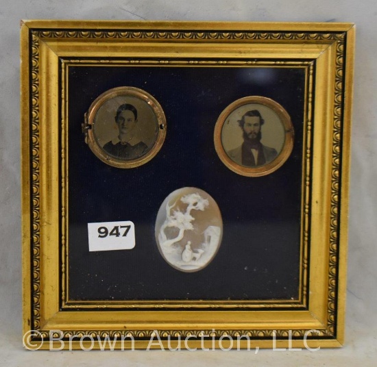 Smal framed shadow box w/2 pics in locket and scenic lady w/goat Cameo brooch