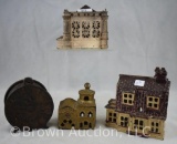 (4) Cast Iron banks: 2-story house; Time is Money; Mosque; 'Bank' building