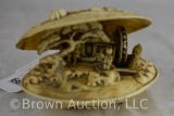 Carved Japanese clam shell diorama scene in Netsuke style