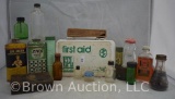 Assortment of old medicine bottles and tins + First Aid kit w/contents