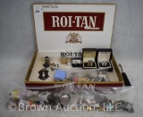 Box lot of miscl. Incl. Roi-Tan cigar box, tie tacks, cuff links (Onyx and Tiger Eye), jewelry,