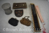Assortment of Vintage coin purses, celluloid fans and folding tin cup