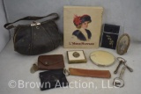 Assortment of vintage coin purses, key holder, compacts and leather purse