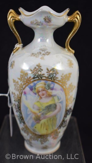 Mrkd. Prov Saxe/ES Germany 7.25" irid. vase, Goddess of Fire
