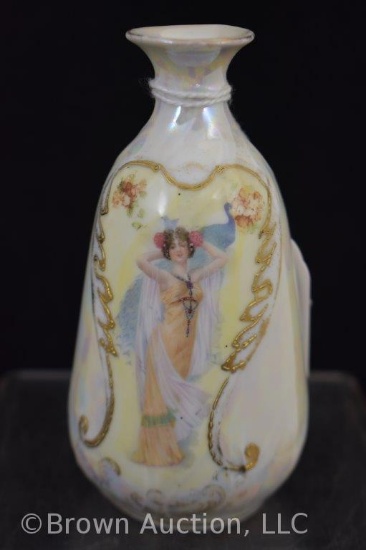 Mrkd. Prov Saxe/ES Germany 5" irid. vase, Lady w/Peacock