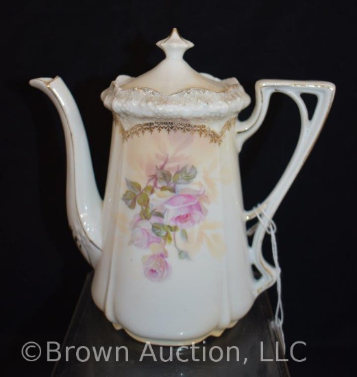 R.S. Prussia Stippled floral mold 7" coffee pot, pink roses
