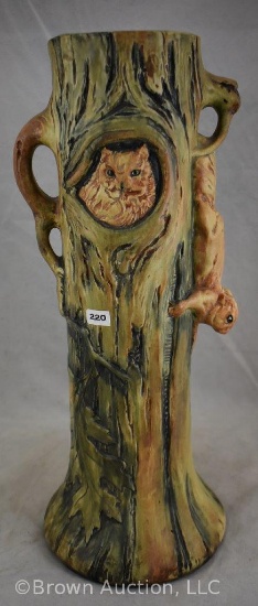 Mrkd. Weller Woodcraft 17.5" floor vase, owl and squirrel