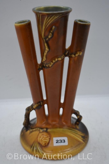 Roseville Pine Cone 113-8" triple bud vase, brown