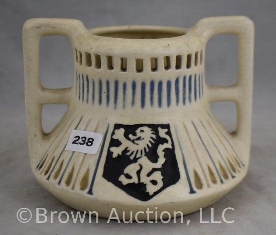 Weller Creamware Coat of Arms reticulated and handled 4.5" vase