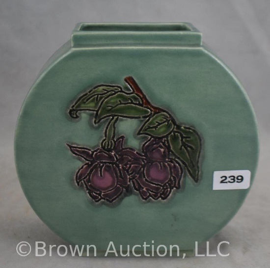Mrkd. Weller 6" pillow vase with incised purple berries/green leaves