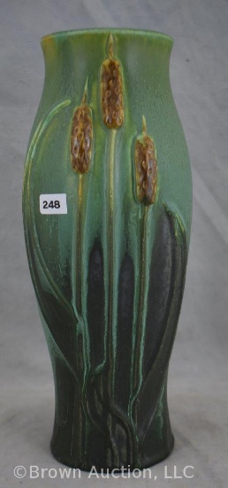 Mrkd. Door Pottery Cattails 12" vase, Northern Lights green