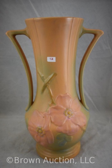 Mrkd. Weller Wild Rose 16" dbl. handled vase, brown