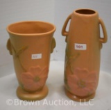 (2) Mrkd. Weller Wild Rose brown vases, 6.5