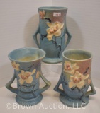 (3) Roseville Magnolia blue vases