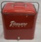 1950's red Pleasure Chest metal picnic cooler w/drain plug and bottle opener