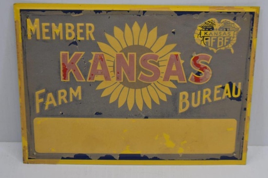 Kansas Farm Bureau single sided tin embossed NOS sign