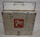 1950's 7UP metal ice chest cooler w/sandwich tray, drain plug and bottle opener