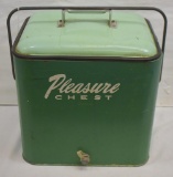 1950's green Pleasure Chest metal picnic cooler w/drain plug and bottle opener