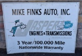 Mike Finks Auto, Inc. Jasper Engines and Transmissions single sided tin sign, partially embossed