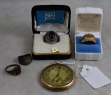 (4) Rings incl: U.S. Air Force and American Electic Co.; Illinois gold pocket watch