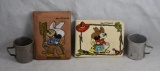 (2) Walt Disney's Mickey Mouse kid's wallets + (2) child's tin cups