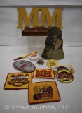 Box lot assortment Minneapolis-Moline advertising items incl. hand fan, jacket patches, metal and