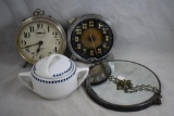 (2) Old alarm clocks (Waterbury and Westlox Big Ben); hanging round beveled shaving mirror; Bavaria