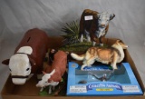 Box lot assortment of animals - Lefton collie; Bull bank; Jo Westbrook creation, etc.