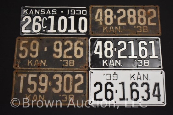 (6) assorted 1930's Kansas license tags