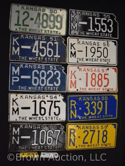 (10) assorted 1950's Kansas license tags and 2 tag boosters ('52 and '53)