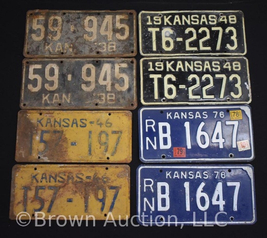 (4) pairs of Matching Kansas license tags - 1938, 1946, 1948, 1976