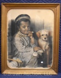 Large Civil War Era print of young African-American boy smoking cigar with his dog, signed Lafosse