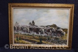 Large framed western painting of long horn steers drive, artist signed C. Hasty