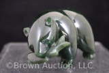 Carved Jade green stone bear with fish in mouth, 2