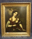 Vintage colored oil painting on tinplate, portrait of woman in shawl style dress and flowers