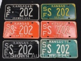 (6) Kansas license tags - all same tag number, all different years 1969-75 (missing 1970)