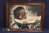 Black Americana boy eating watermelon painting, signed Panetti