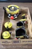 1950's Thames Redware Polttery Black Americana clown teapot, salt/pepper, (4) wall hanging measuring