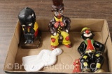 (4) Black Americana pcs: (2) clown decanters, sitting thinker, spoon holder