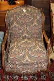 Ornate upholstered side chair w/decorative wood frame, roses crest and apron