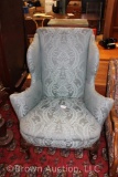 Upholstered wing back chair, Queen Anne legs, bluish green color, Ca. 1915