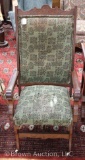 Arts and Crafts wood recliner chair, green upholstered