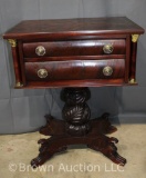 Regency Mahogany 2-drawer side/work table, large ornate base with fancy feet, Sandwich Glass pulls,