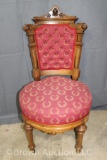 Victorian upholstered side chair, nice carved wood frame and woman's face crest , Queen Anne legs